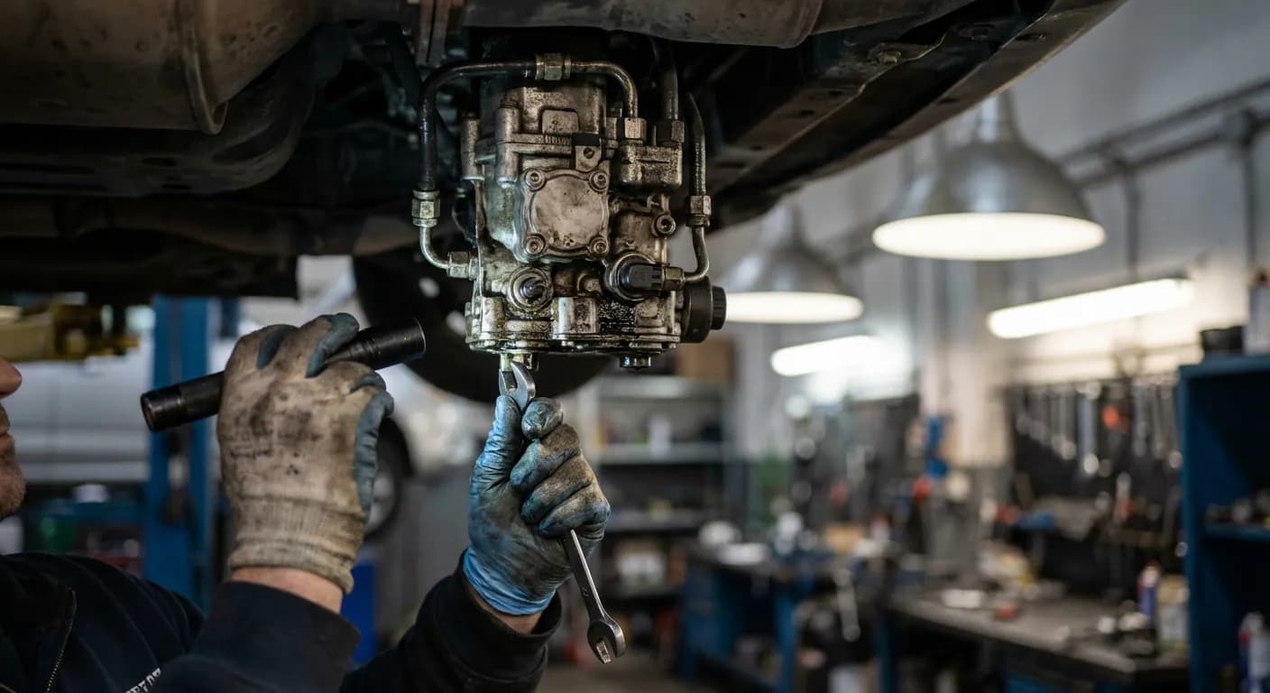 Mécanicien inspectant la pompe d'additivation pour réparer le code P1434.