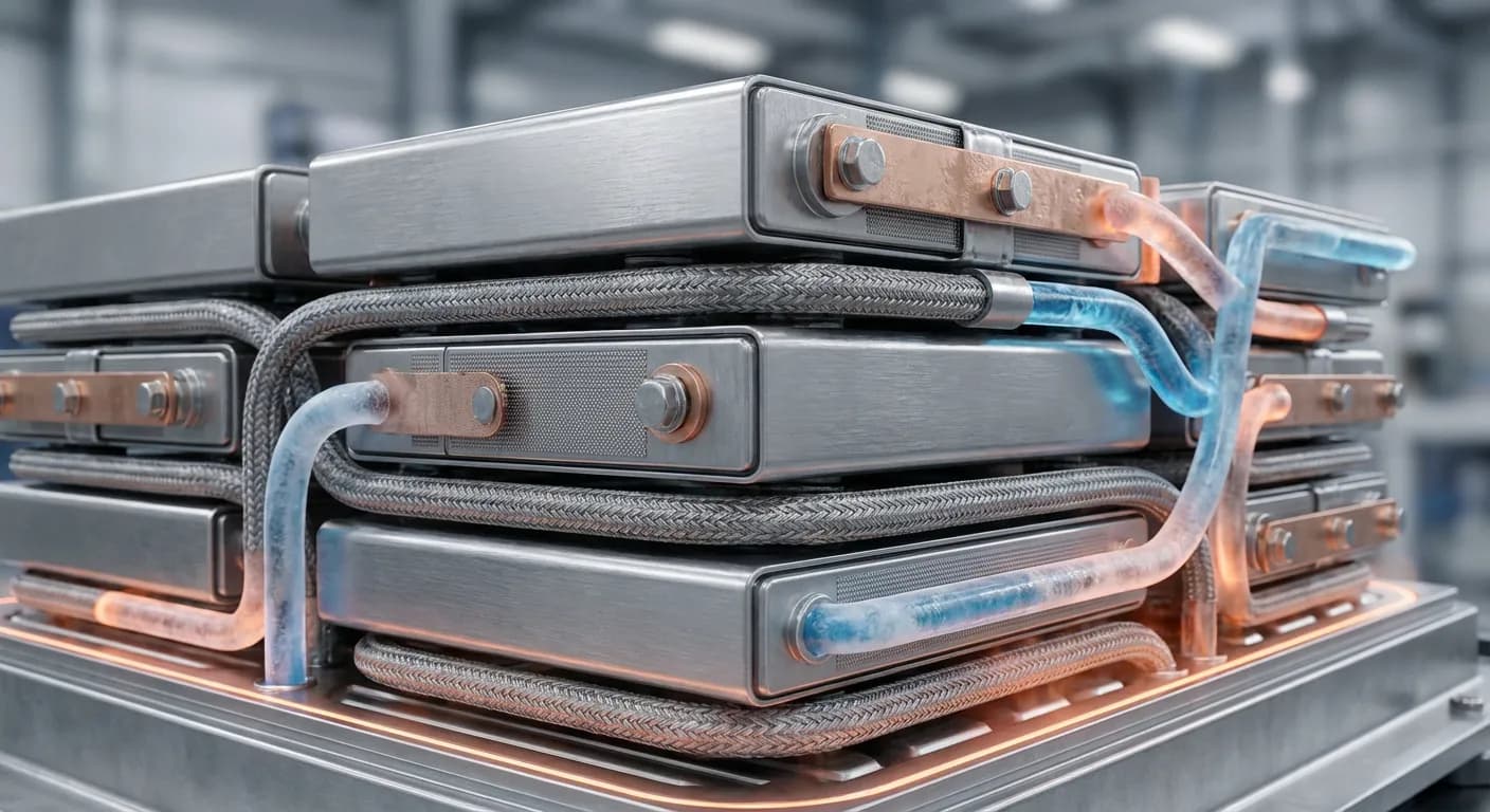 Vue macro détaillée des cellules d'une batterie lithium-ion et de son système de régulation thermique.