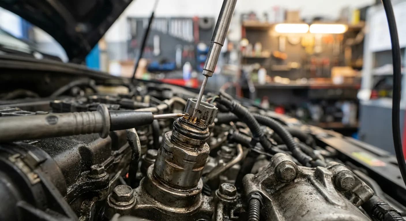 Test électrique des composants moteur avec un multimètre de précision.