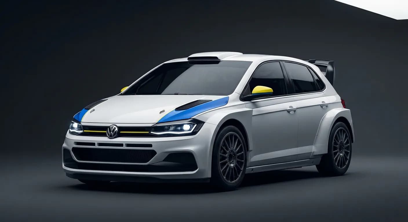 Gros plan iconique de l'avant d'une VW Polo WRC sur fond sombre.