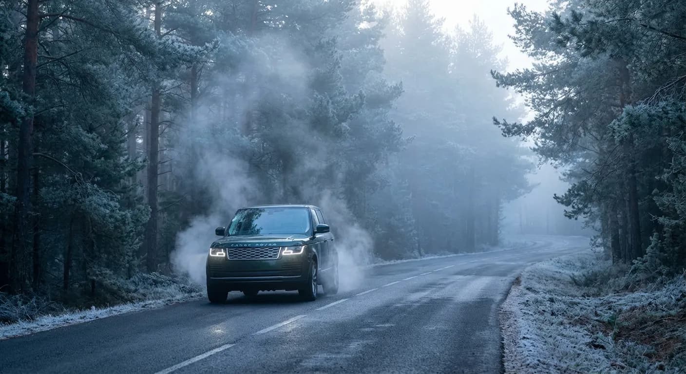 Voiture circulant dans un environnement froid au lever du jour