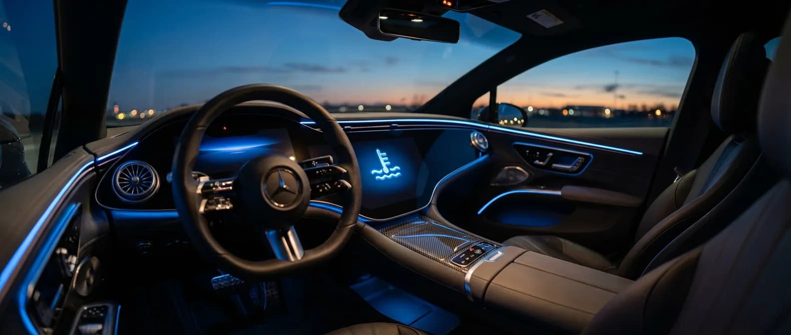 Tableau de bord de voiture moderne affichant un voyant bleu de température