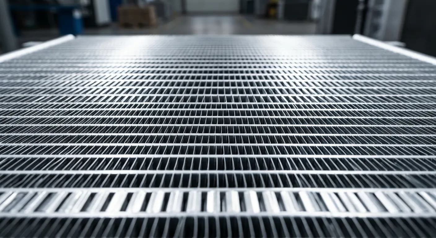 Gros plan macro sur les ailettes métalliques d'un condenseur de clim neuf pour Clio 3.