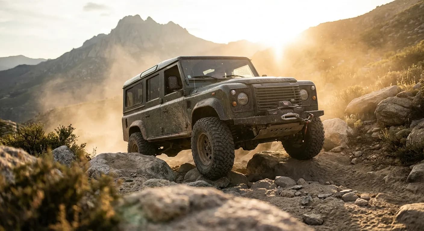 Un véhicule tout-terrain franchissant un obstacle rocheux escarpé au lever du soleil