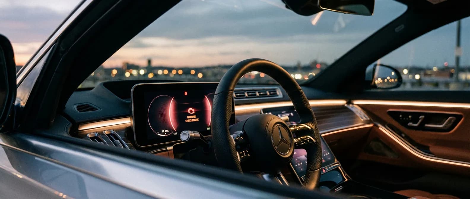 Tableau de bord de luxe Mercedes-Benz avec voyant SRS allumé dans une ambiance cinématique