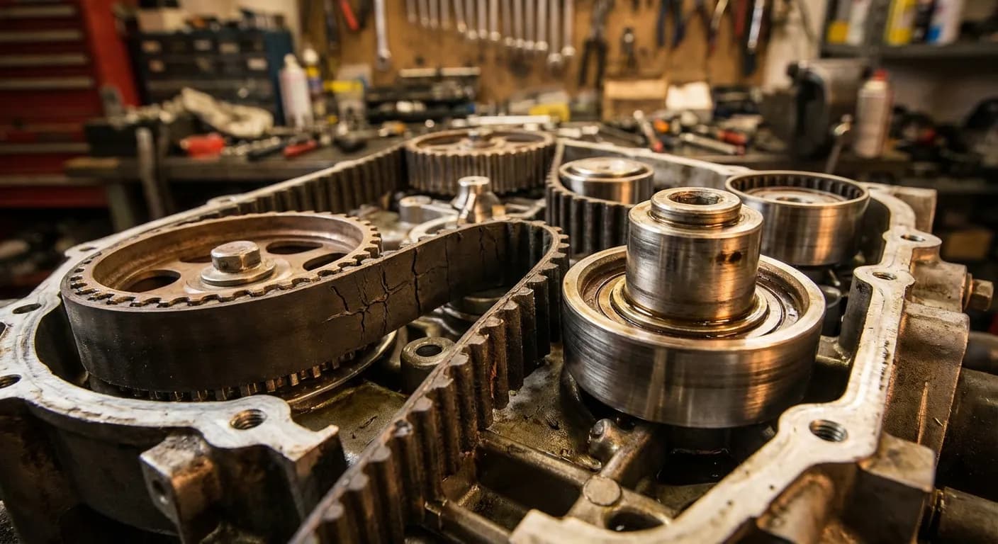 Détail mécanique de la courroie de distribution d'un moteur 1.2 VTi