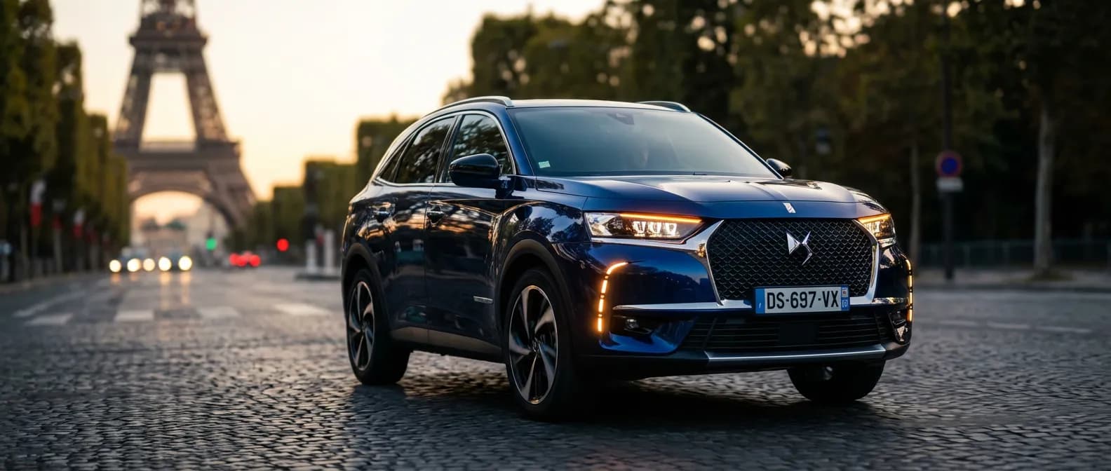 DS7 hybride rechargeable circulant dans les rues de Paris au crépuscule