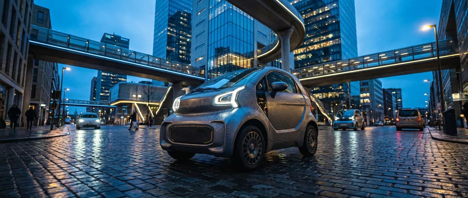 La micro-citadine électrique XEV Yoyo circulant dans un quartier urbain moderne au crépuscule