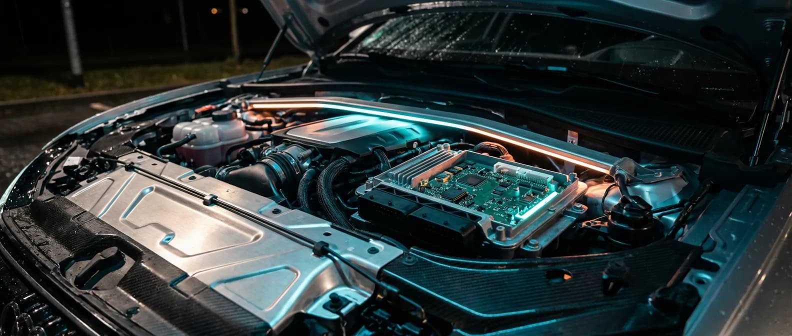 Vue cinématique d'un compartiment moteur de voiture moderne mettant en lumière le boîtier électronique UPC