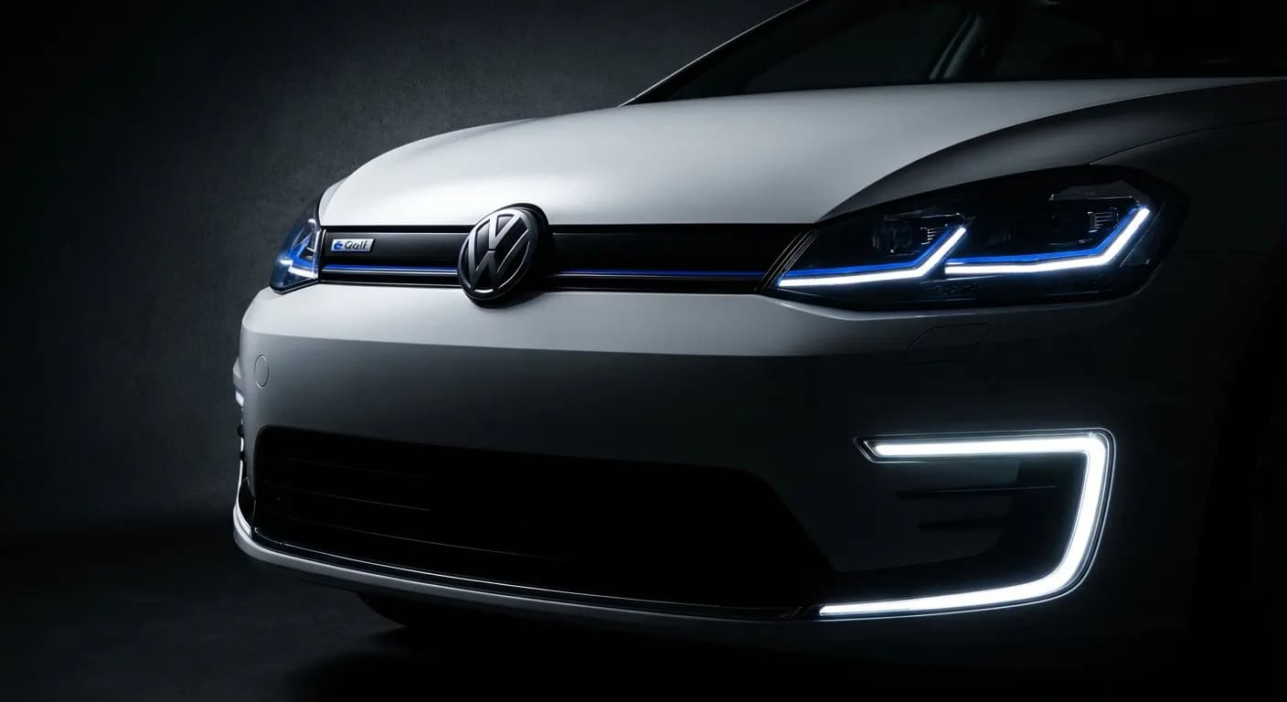 Détail emblématique des phares LED d'une Volkswagen Golf électrique