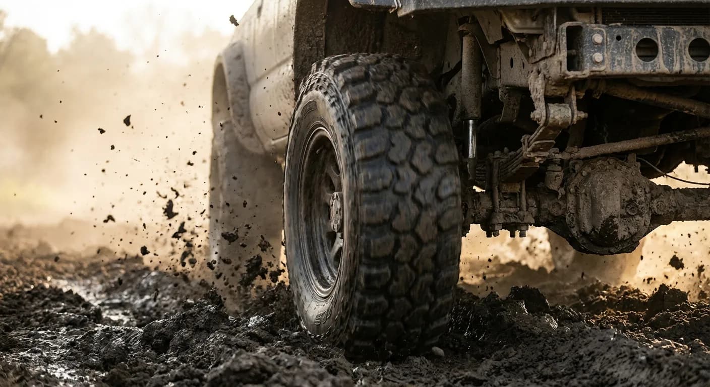 Roue de 4x4 luttant pour l'adhérence dans une boue épaisse