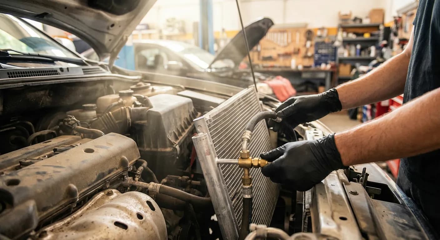 Mécanicien professionnel procédant au remplacement du condenseur de climatisation sur une Clio 3.