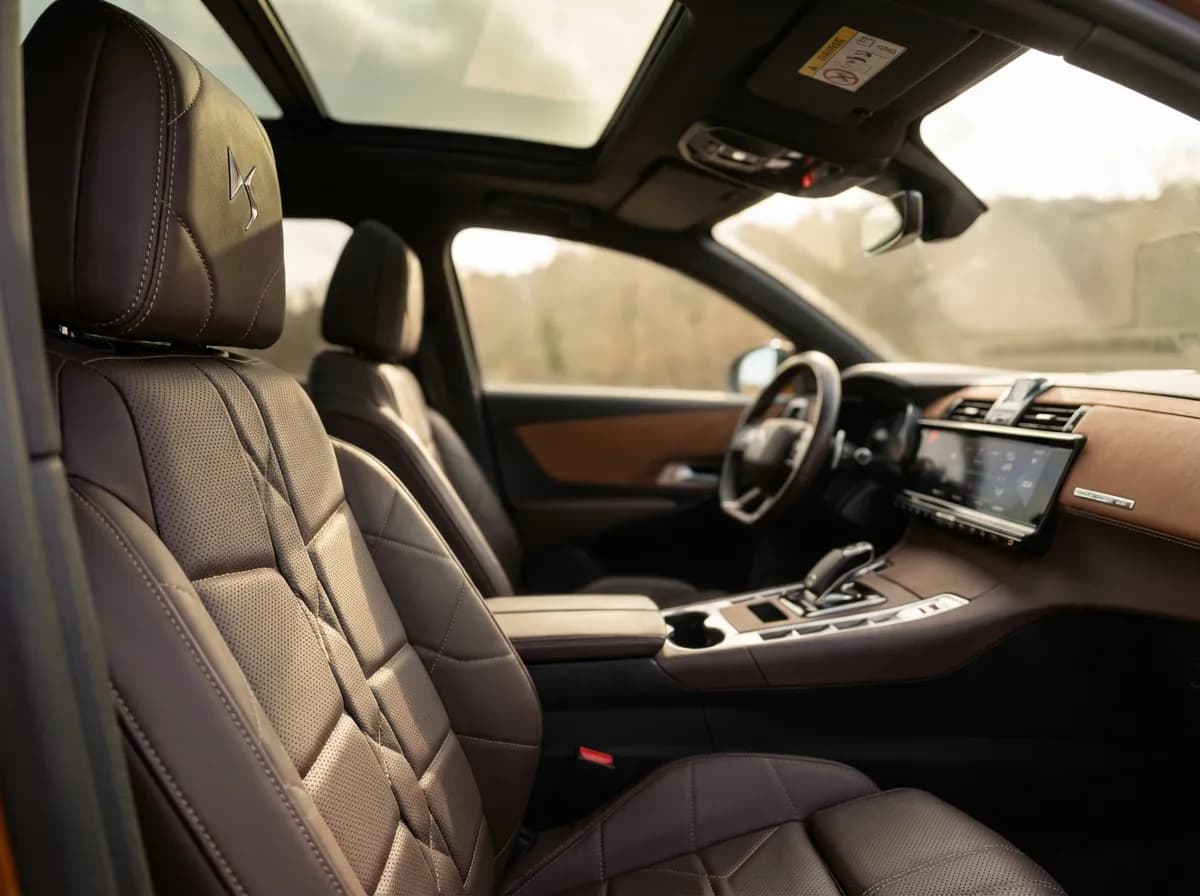 Détail des sièges en cuir bracelet du DS7 hybride rechargeable