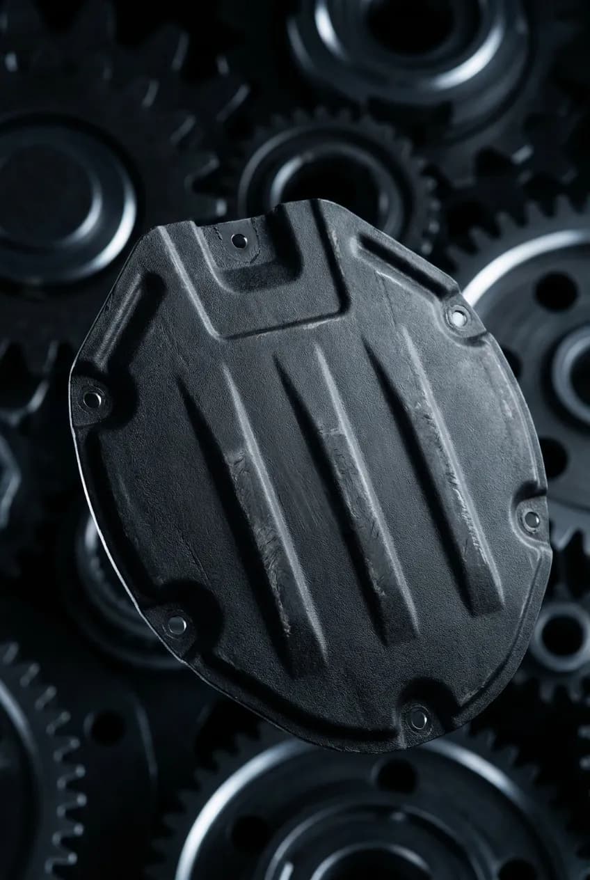 Gros plan minimaliste d'un cache sous moteur en plastique haute résistance.