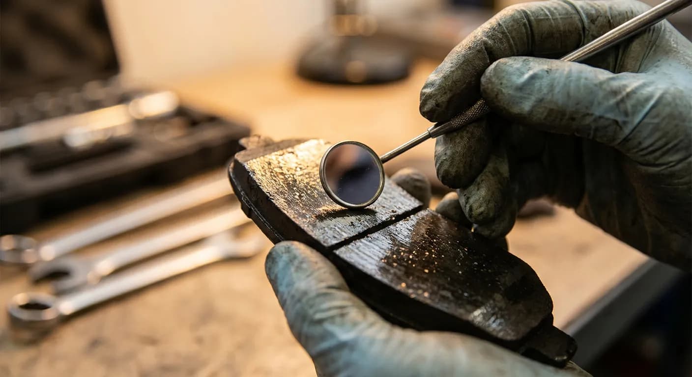 Mécanicien inspectant la surface d'une plaquette de frein glacée dans un atelier.