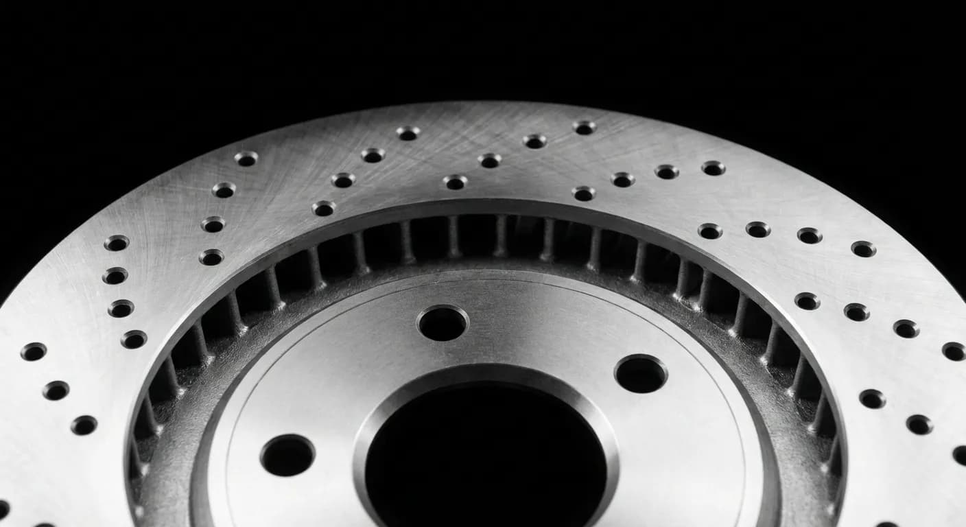 Détail minimaliste d'un disque de frein métallique sur fond sombre.