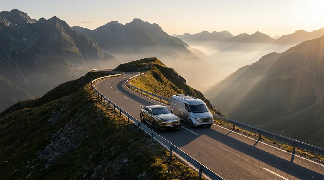 Une berline de luxe et un van futuriste circulant sur une route de montagne spectaculaire au lever du soleil.