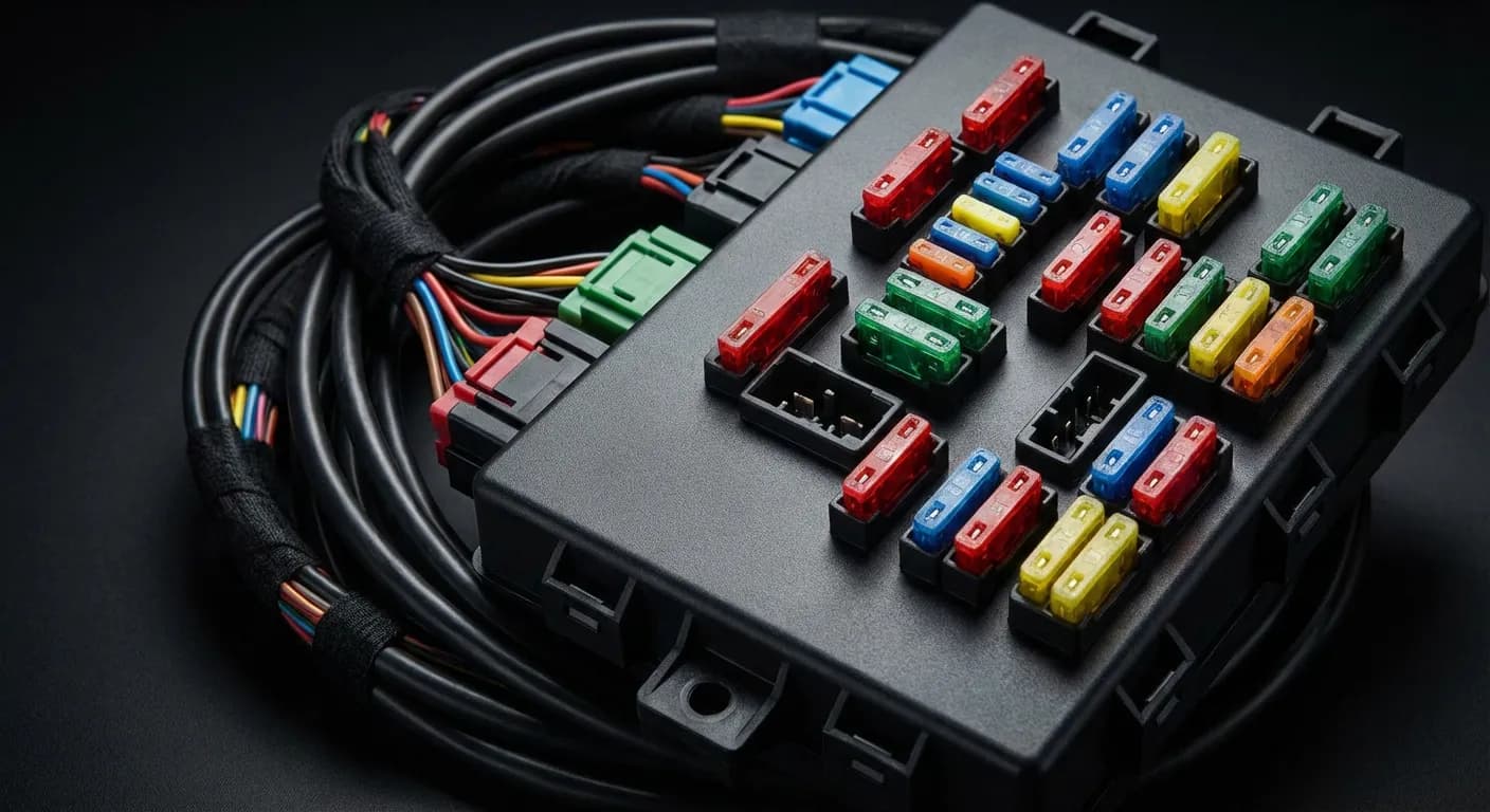 Gros plan contrasté d'un boîtier de fusibles et relais automobile UPC