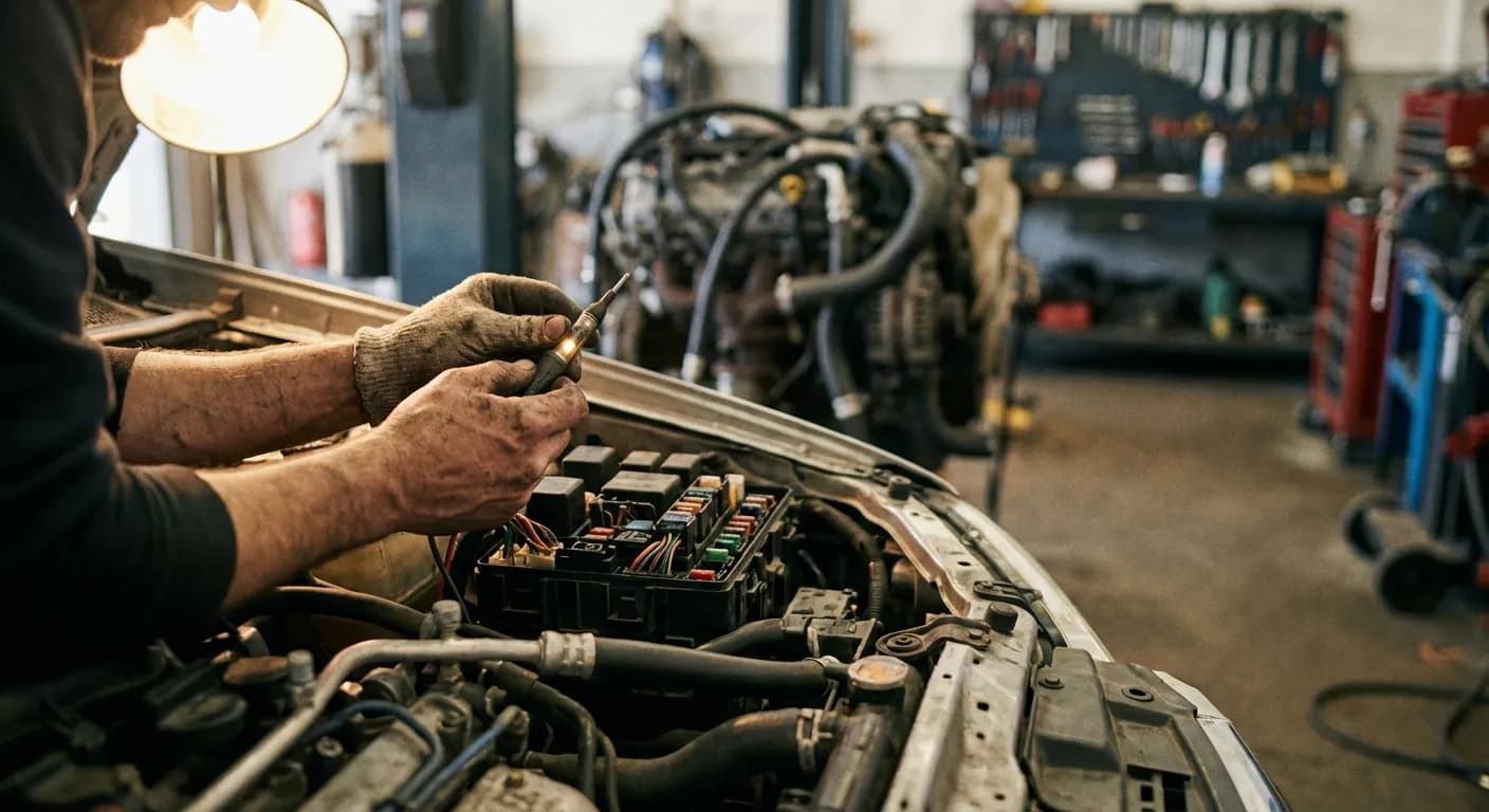 Mains d'un mécanicien travaillant sur le système électrique d'une Citroën C3