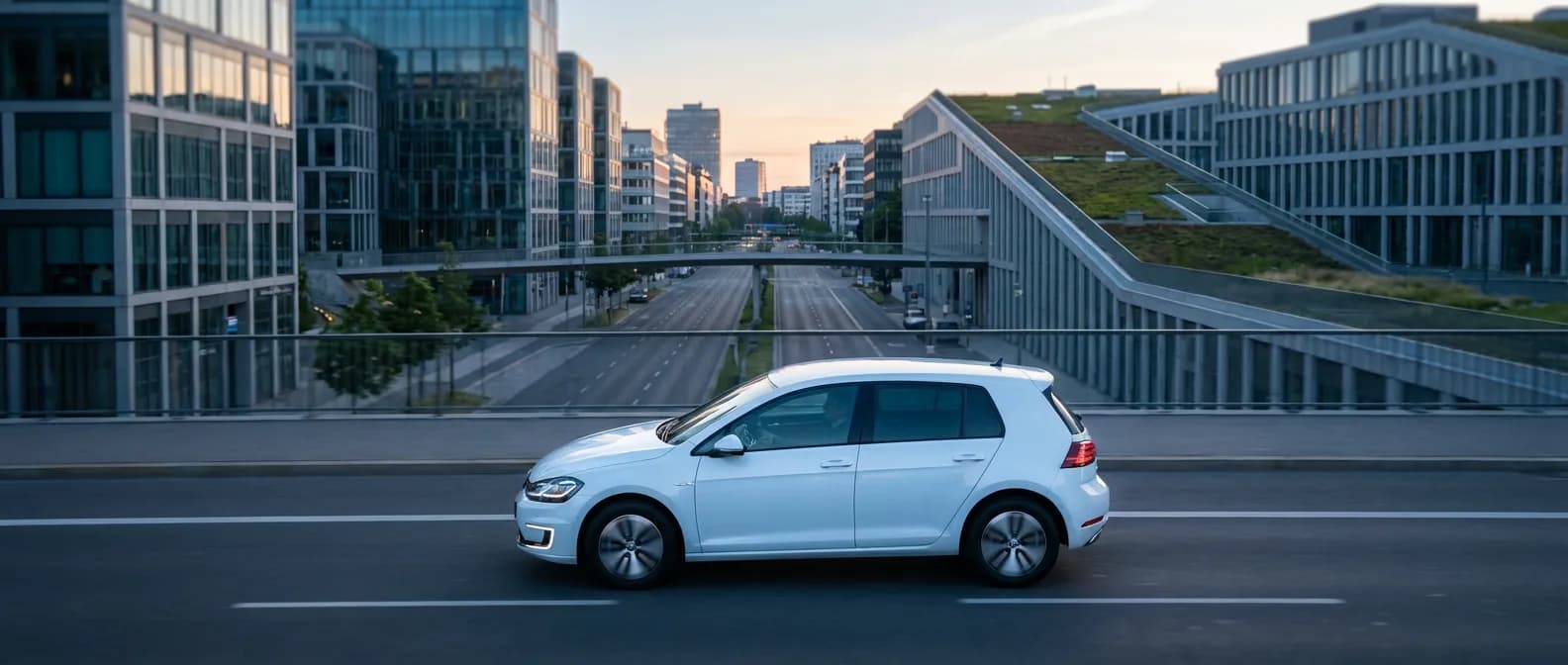 Volkswagen e-Golf blanche circulant dans un quartier moderne au lever du soleil