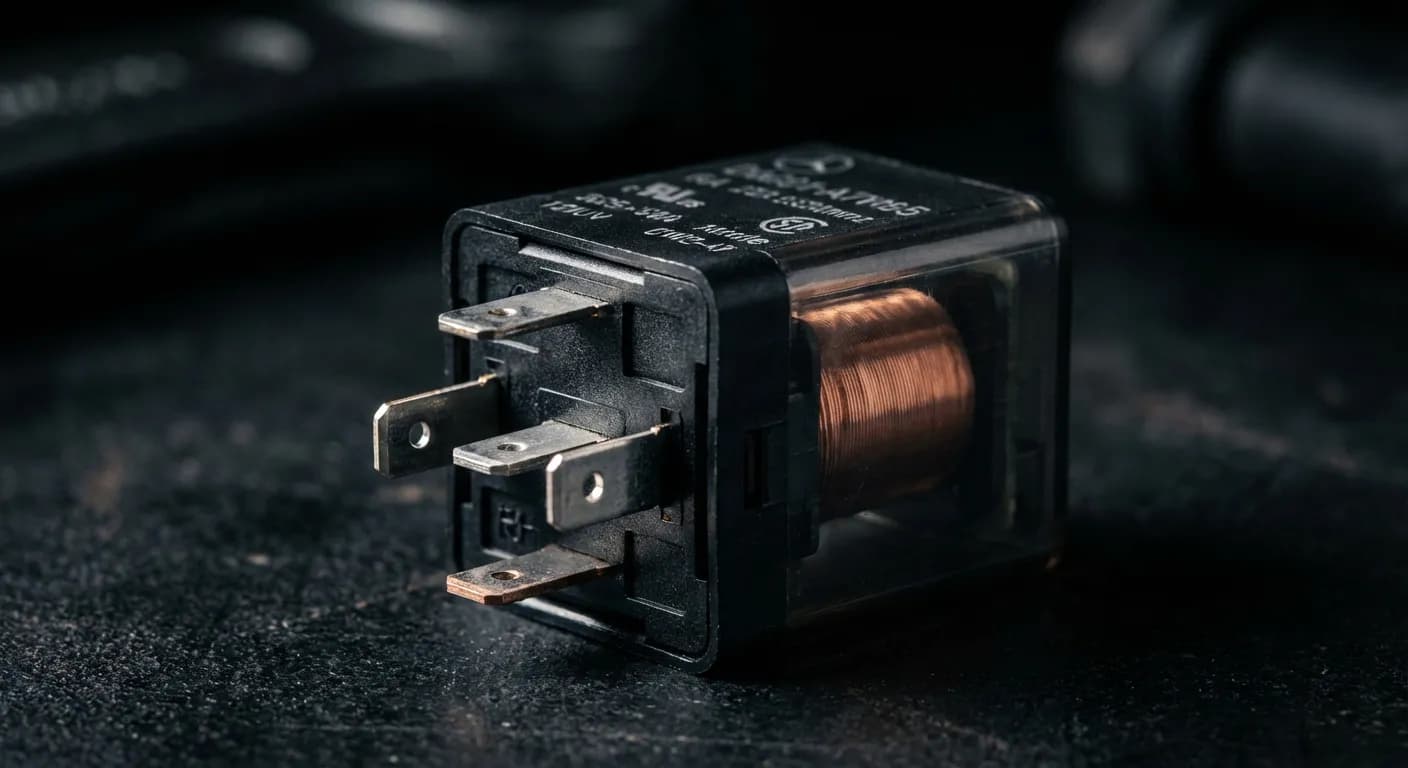 Gros plan d'un boîtier de relais de préchauffage automobile sur fond sombre