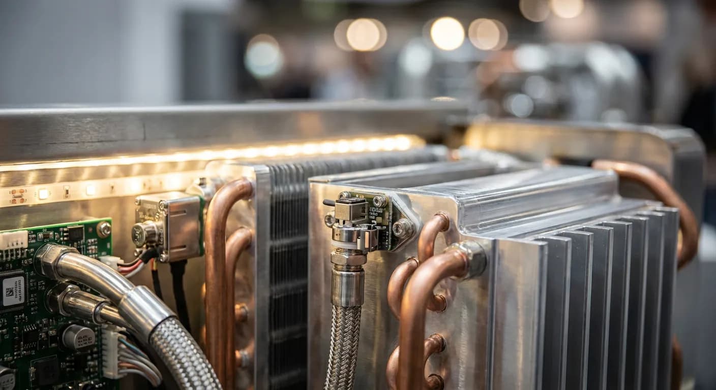 Vue macro détaillée des composants d'ingénierie d'une pompe à chaleur automobile moderne.