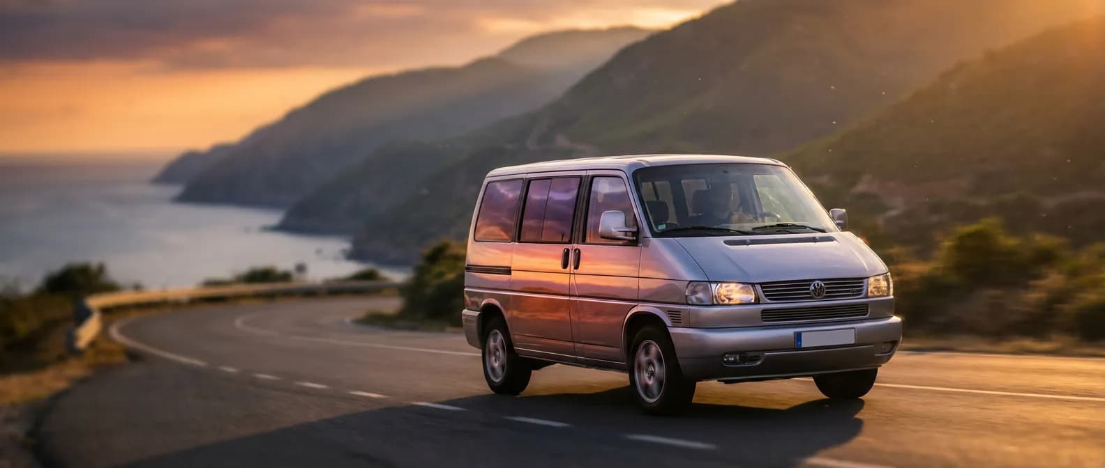 Un van Volkswagen T4 argenté circulant sur une route côtière panoramique au coucher du soleil, style éditorial haute qualité