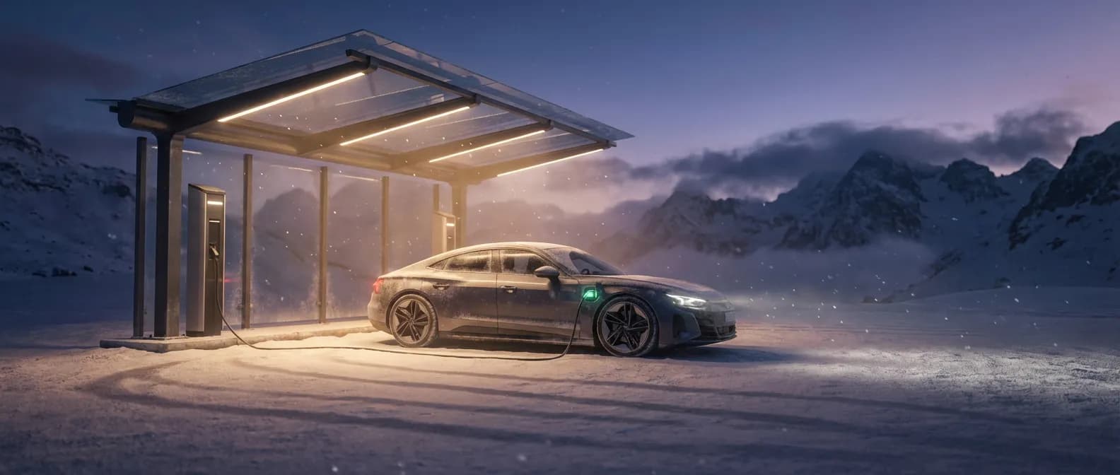 Véhicule électrique de luxe en charge dans un paysage de montagne enneigé au crépuscule, illustrant le préconditionnement thermique.