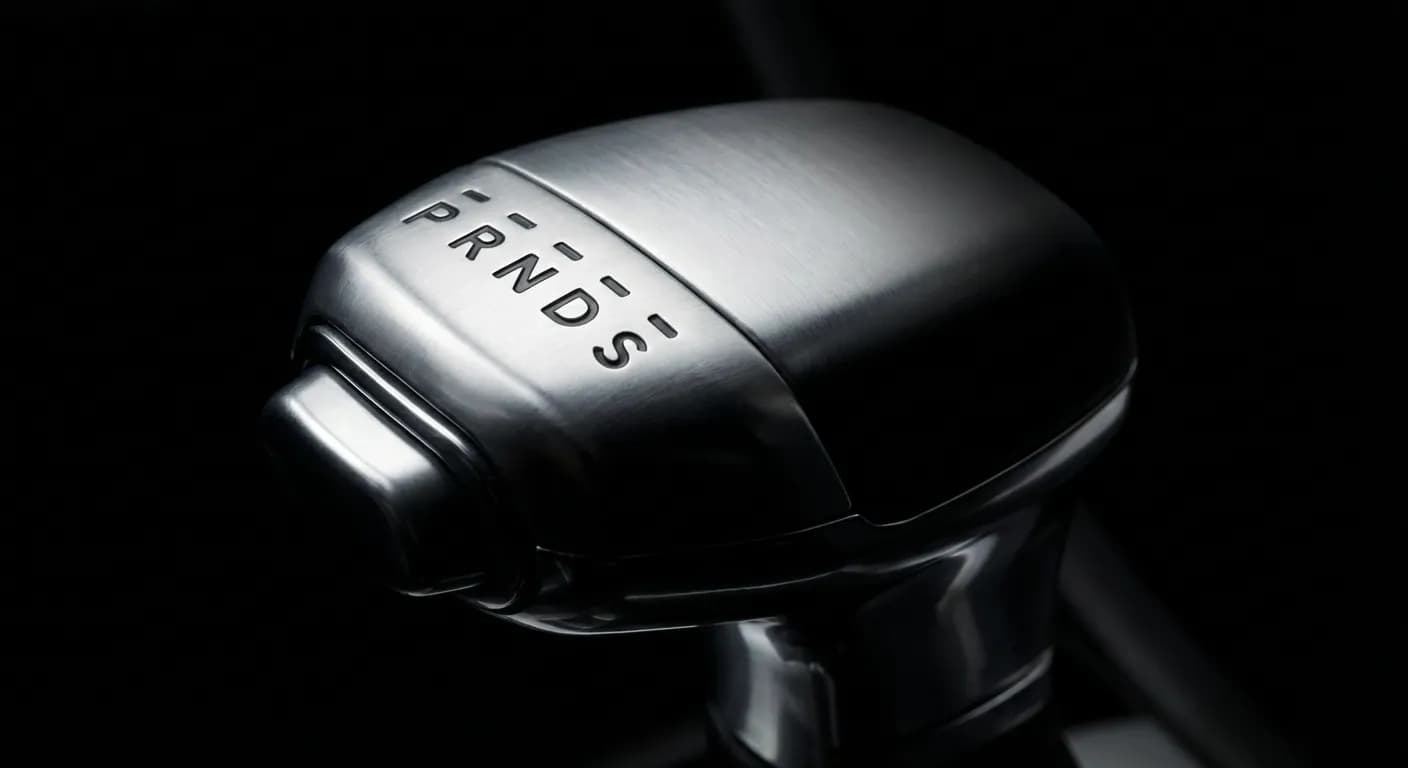 Gros plan minimaliste sur un levier de vitesse automatique moderne avec un fort contraste