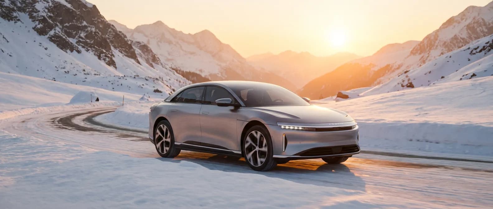 Voiture électrique haut de gamme circulant dans un paysage de montagne enneigé au coucher du soleil, illustrant la gestion thermique.
