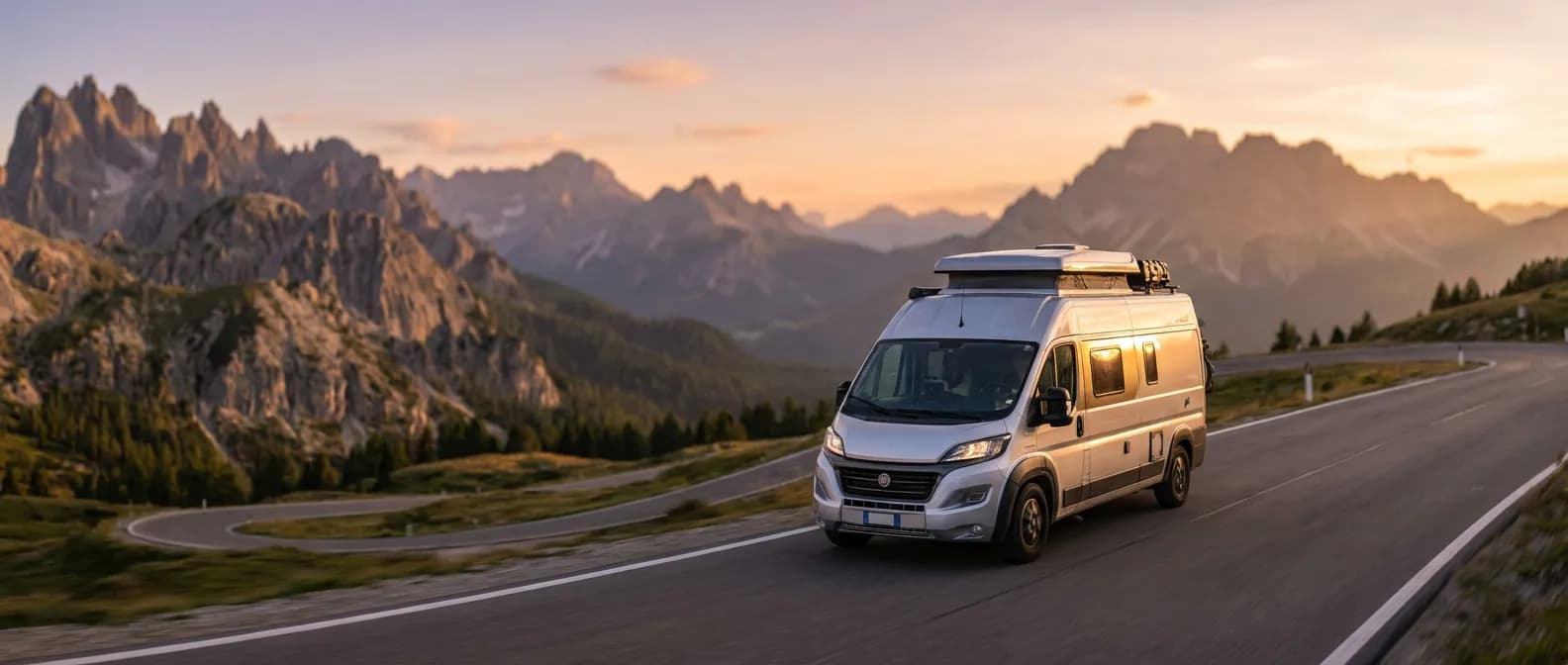 Camping-car Fiat Ducato 2.3 Multijet sur une route de montagne au coucher du soleil