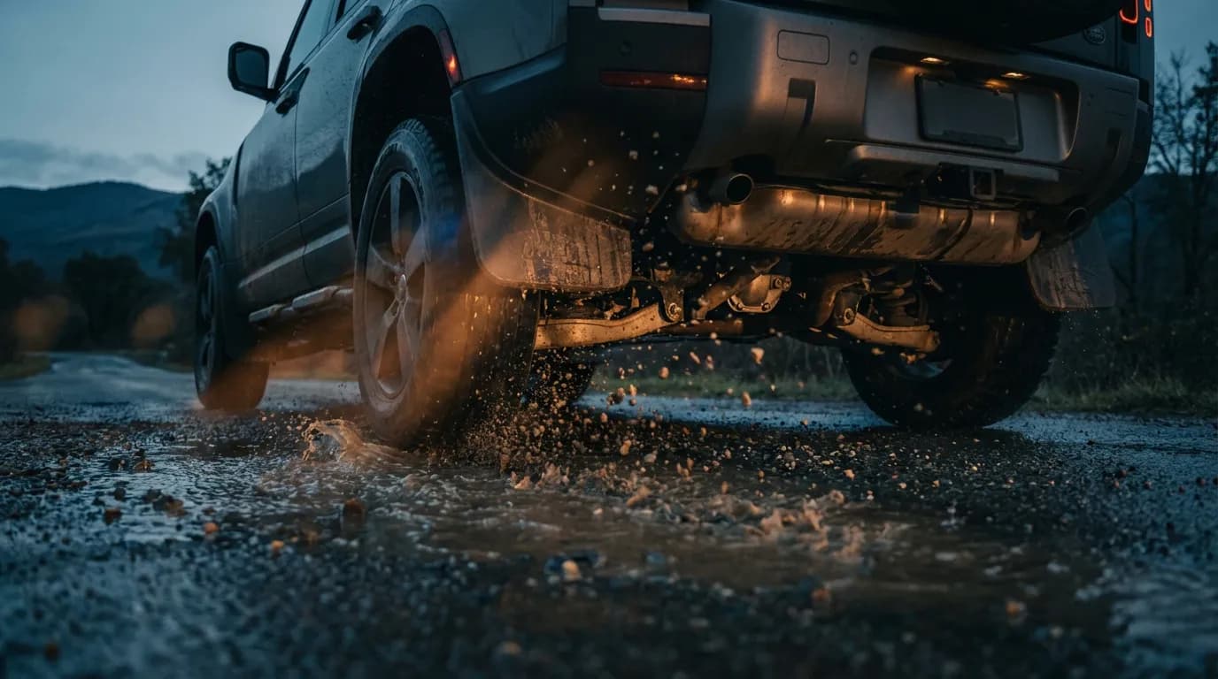 Vue cinématographique d'une voiture roulant sur une route mouillée, illustrant l'exposition du bas de caisse sans protection.