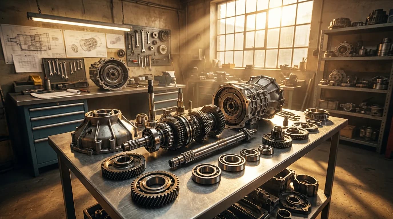 Vue détaillée d'un système de transmission automobile complexe dans un atelier de mécanique de précision
