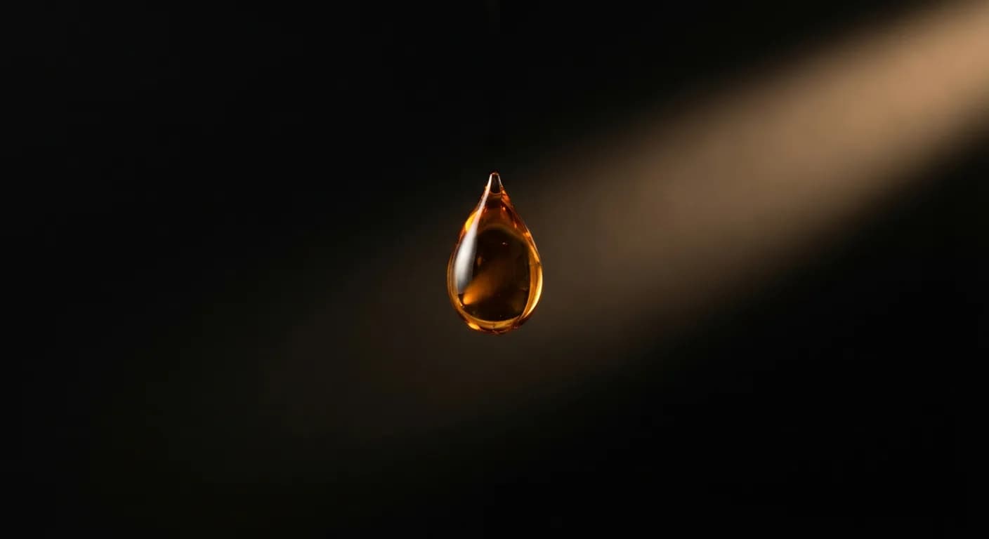 Goutte de liquide de frein moto ambre et pure sur fond noir contrasté.