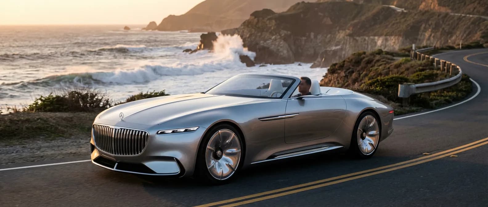 Voiture de luxe sur une route côtière au coucher du soleil pour illustrer la vente auto prestige.