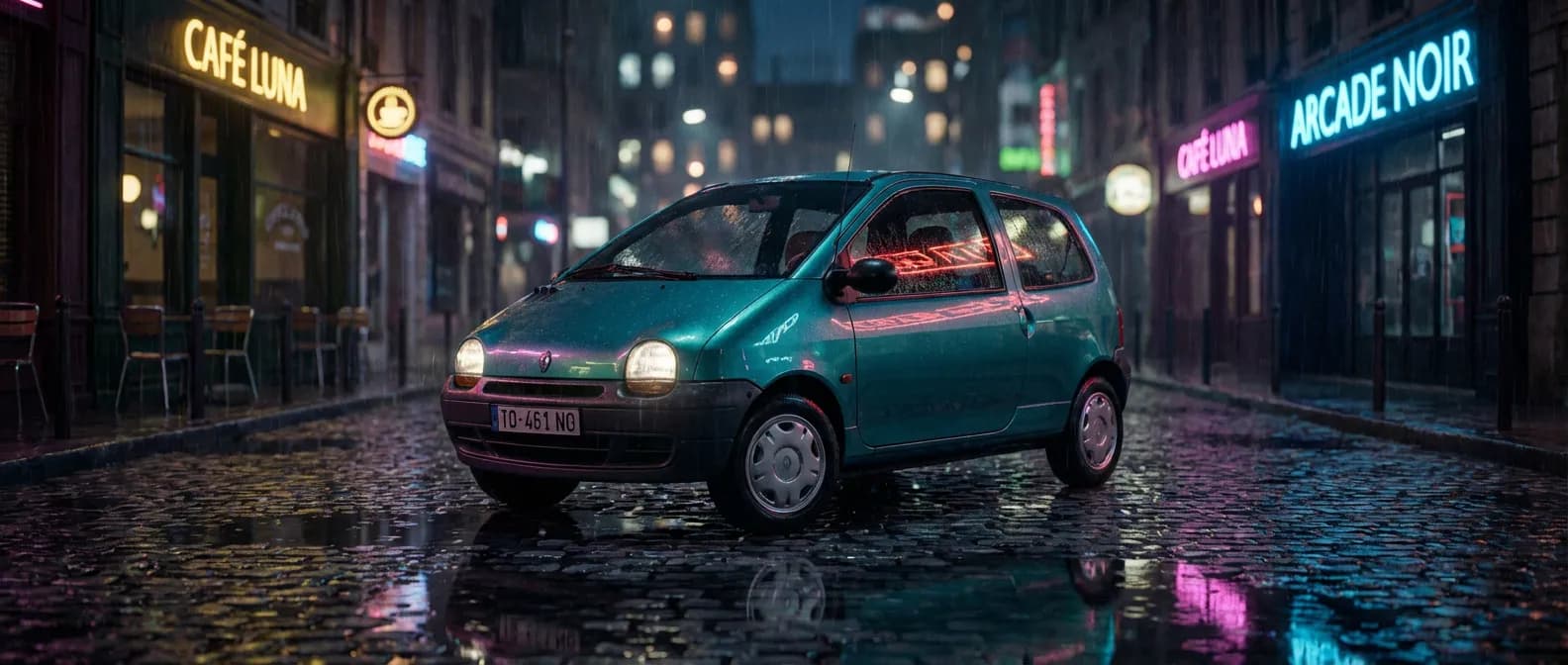 Une Renault Twingo 1 classique sous les lumières de la ville la nuit, style cinématographique