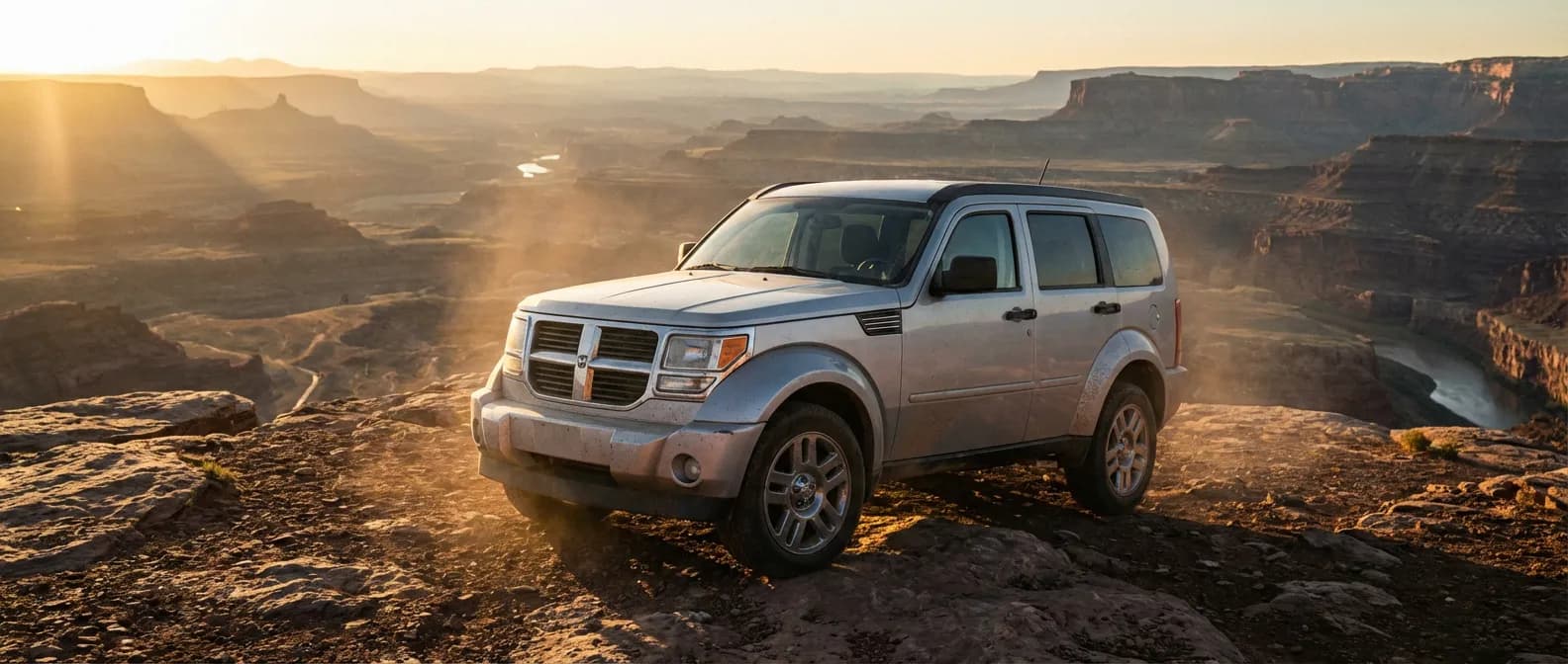 Dodge Nitro V6 argenté sur une crête de montagne au coucher du soleil, style cinématographique
