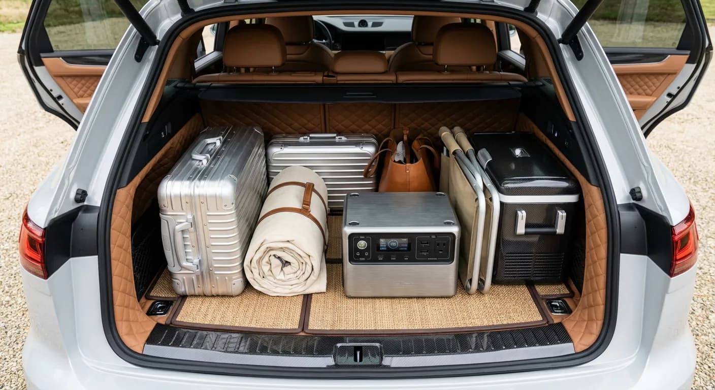 Batterie nomade de secours rangée dans le coffre d'un véhicule électrique.