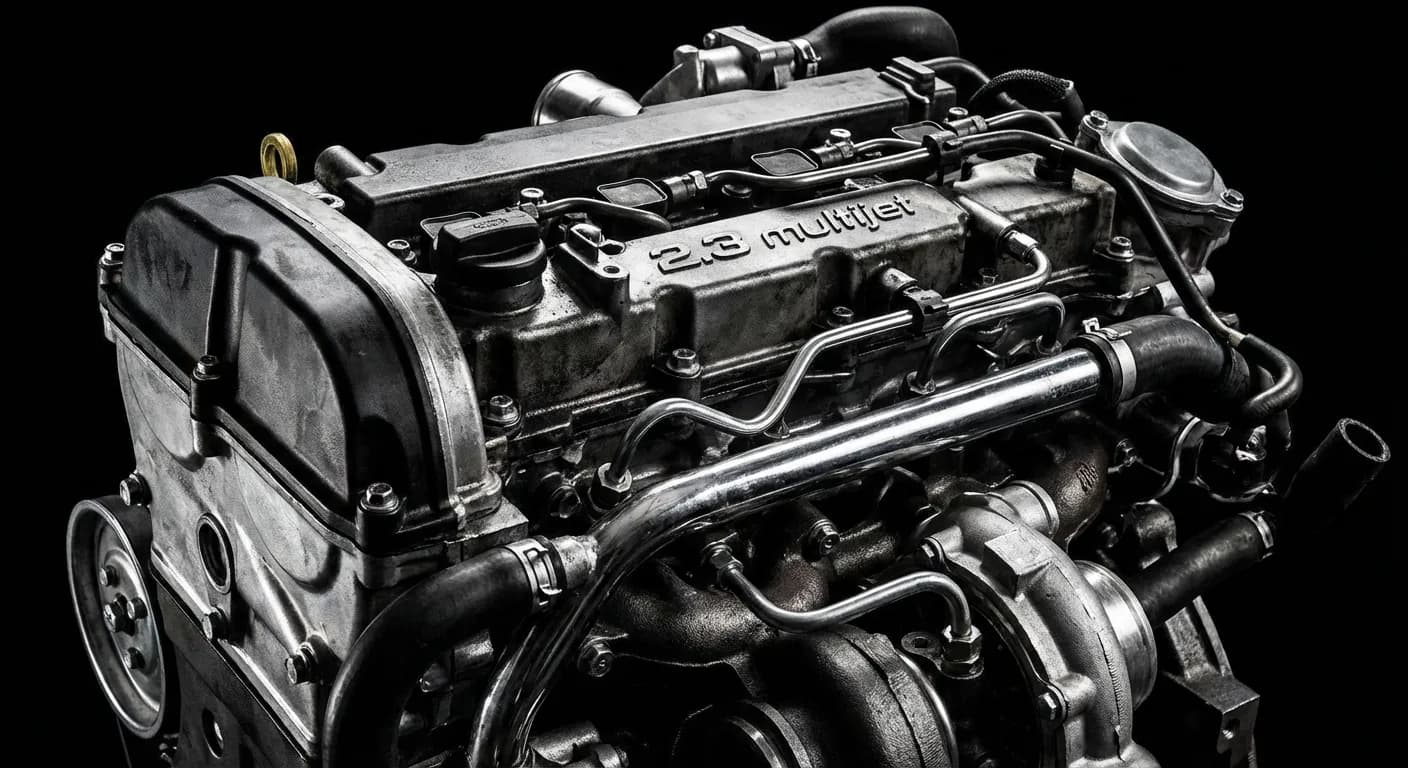 Gros plan du bloc moteur Fiat Ducato 2.3 Multijet