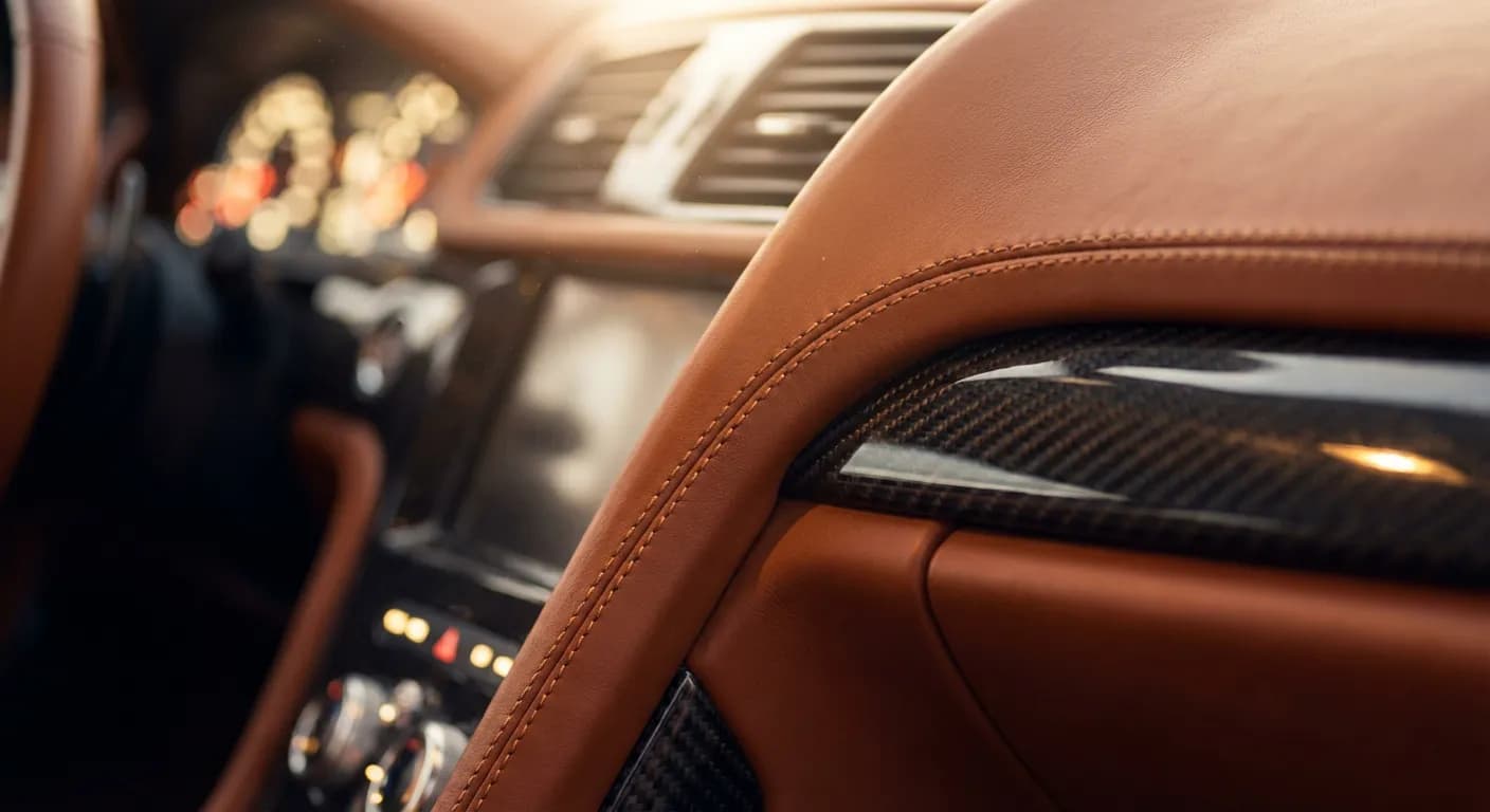 Détails luxueux de l'habitacle de la Carmen Fisker avec cuir et carbone