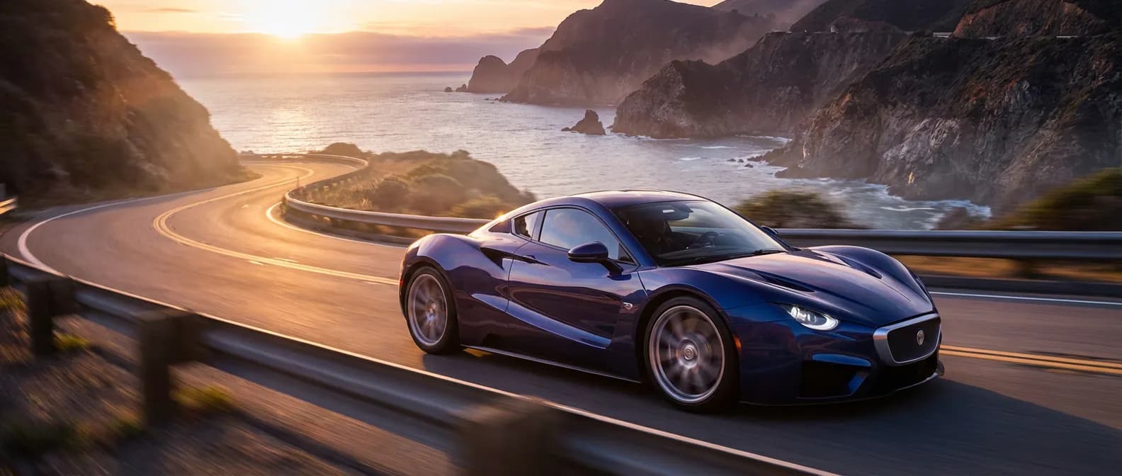 Supercar Carmen Fisker en mouvement sur une route côtière au coucher du soleil