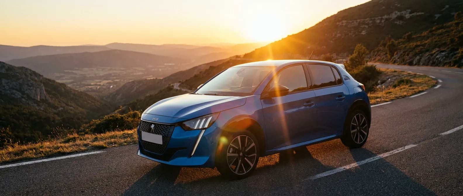 Peugeot 208 sur une route de montagne au coucher du soleil