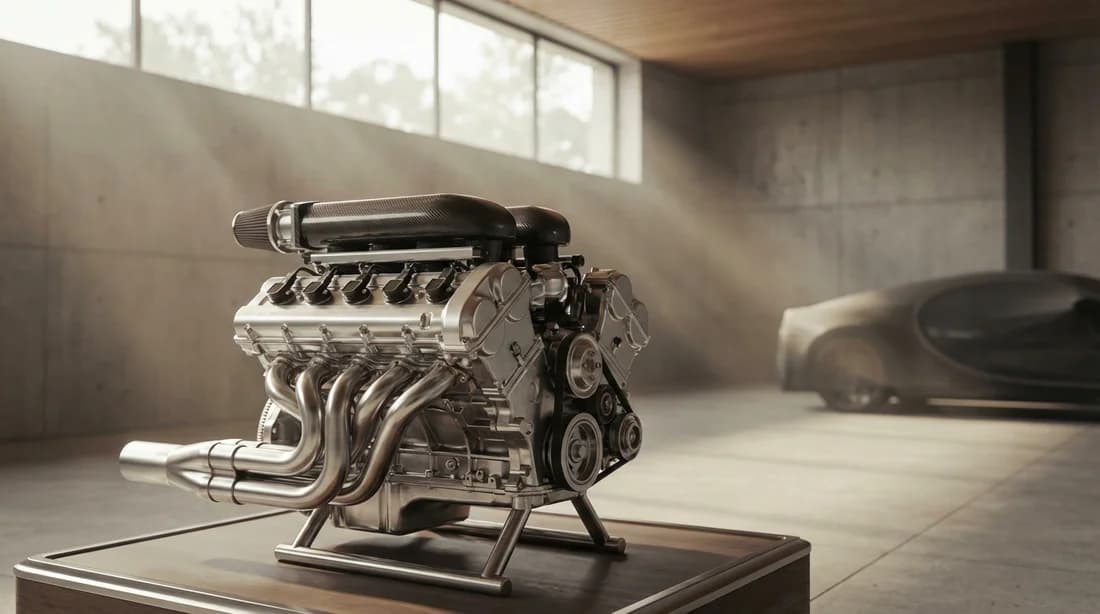 Vue cinématique d'un moteur de haute performance dans un atelier de prestige ultra-propre