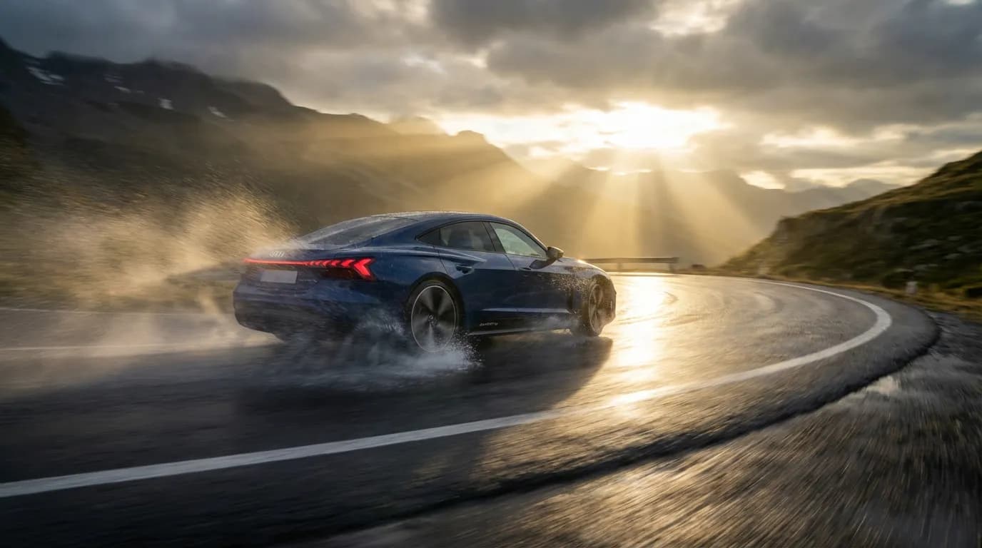 Performances de la transmission quattro sur l'e-tron 55 Audi e-tron 55 quattro en pleine accélération sur route mouillée