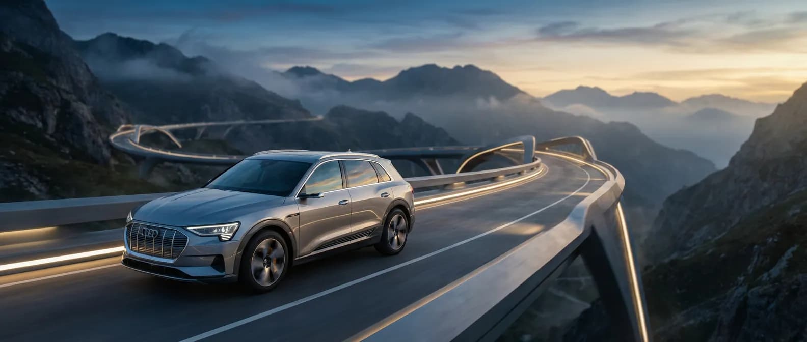 Audi e-tron 55 quattro S line - L'élégance électrique en mouvement Audi e-tron 55 quattro S line circulant sur une route de montagne au crépuscule